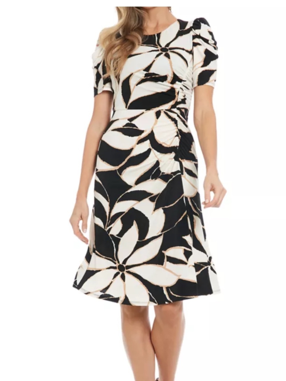 London Times Black, White & Tan Abstract Floral Midi Dress
